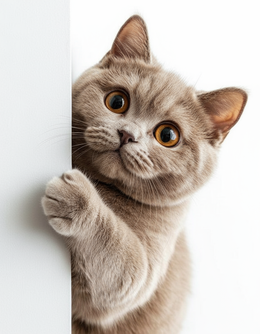 British-Shorthair-Katze schaut neugierig um eine weiße Ecke